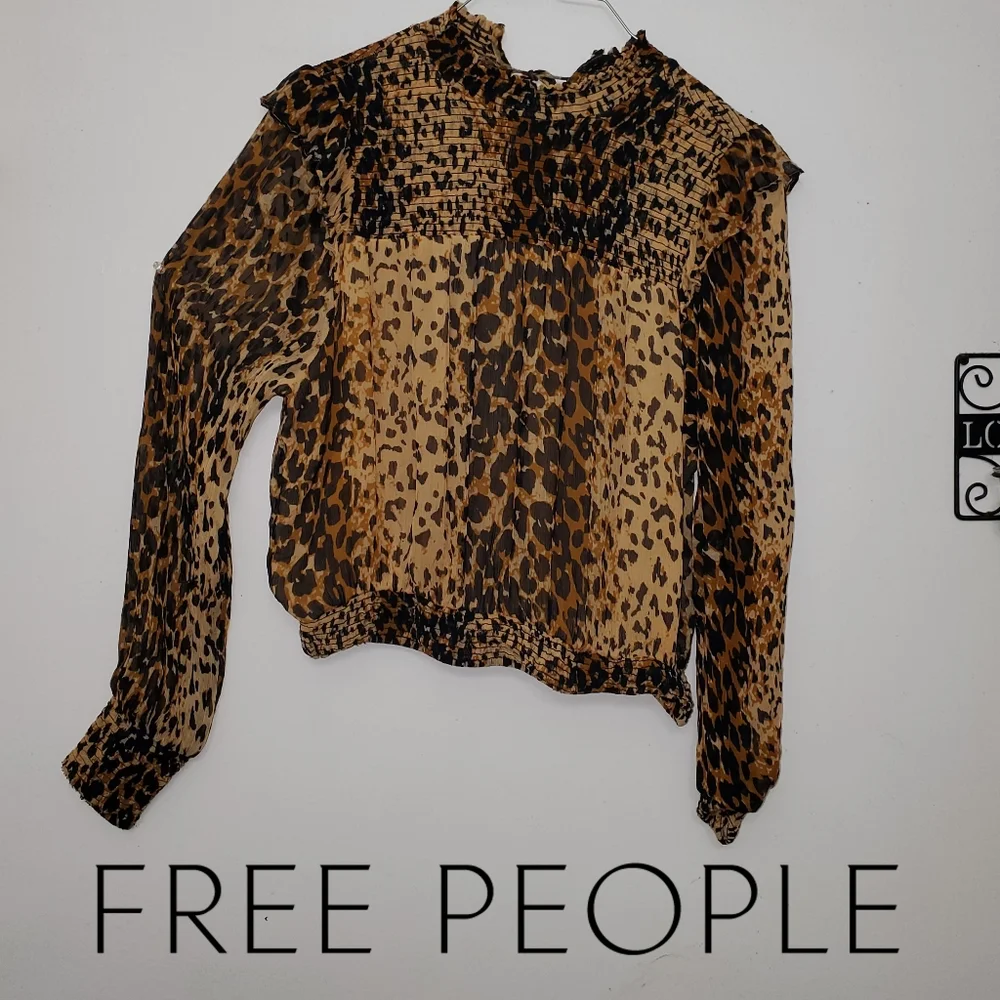 Free People Roma Leopard Print Mock Neck Blouse